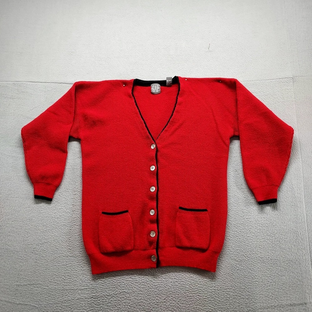 Gap Women Sweater S Red Ribbed Knit V Neck Button Up Pockets Retro Cardigan